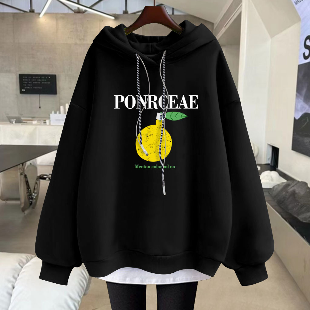 加绒宽松假两件连帽卫衣女中长款