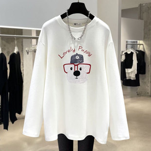 白色磨毛t恤女长袖2025新款春秋冬可爱小狗宽松德绒打底衫中长款