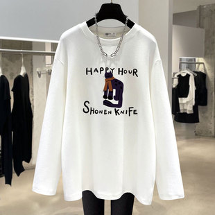 白色磨毛t恤女长袖2025新款春秋冬长尾猫咪宽松德绒打底衫中长款