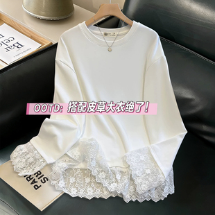 白色蕾丝加绒长袖打底衫女内衬2025年秋冬爆款宽松显瘦搭配鲨鱼裤