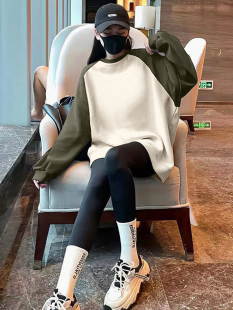 宽松纯色中长款 洋气加绒卫衣女拼接插肩长袖 上衣潮 时尚 2025年新款