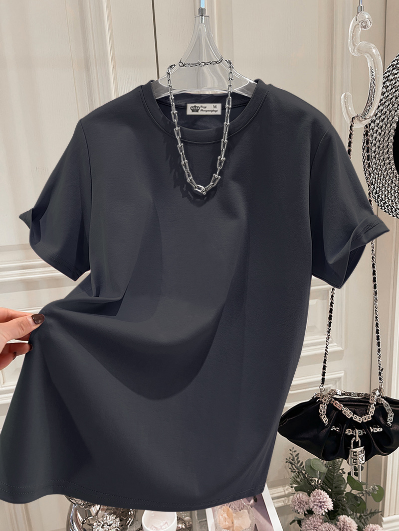 大码纯色中长款纯棉圆领短袖T恤女潮2025春夏宽松遮屁股下衣失踪