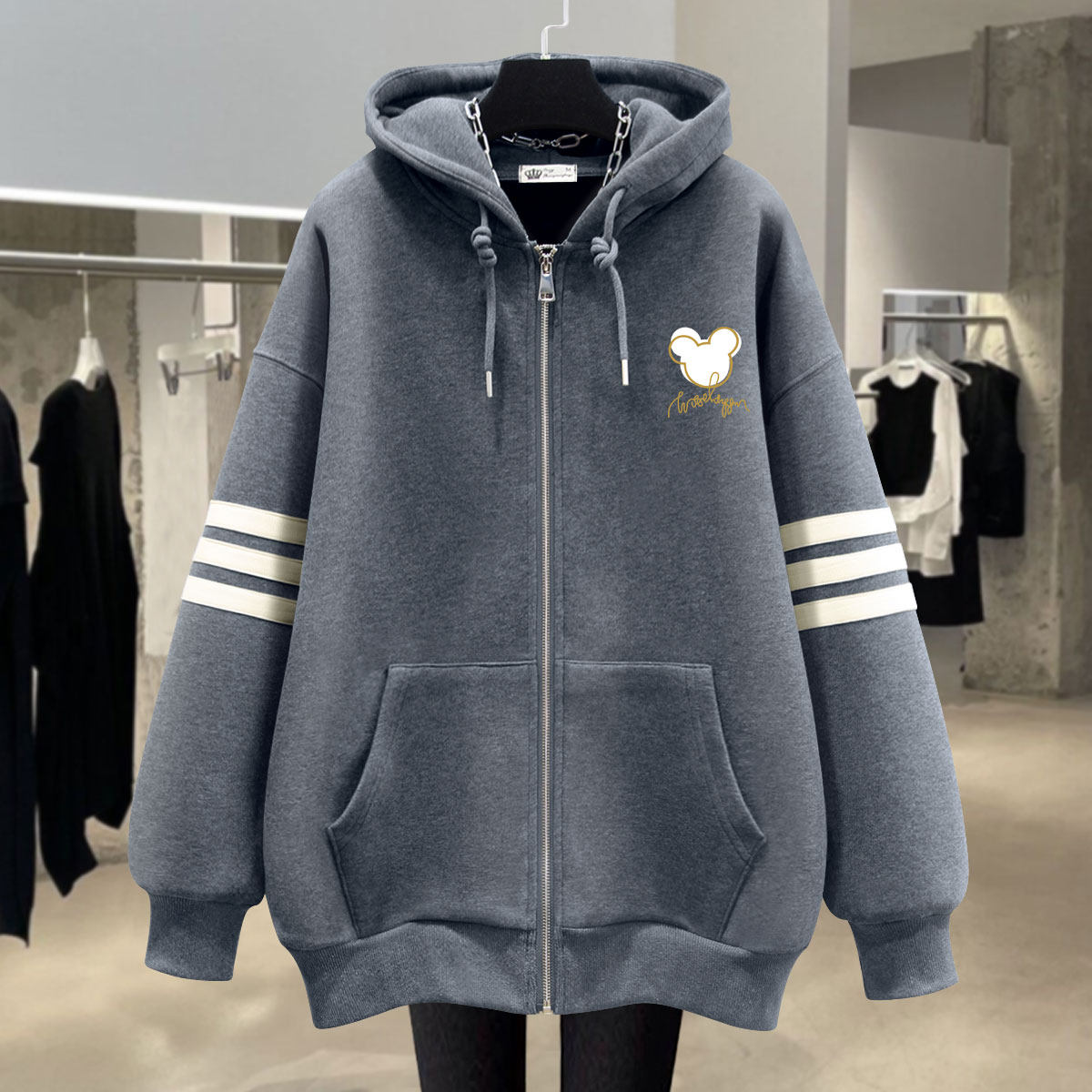 连帽卫衣女加绒2025新款秋冬薄款小众卡通宽松拉链开衫外套中长款