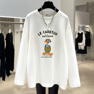 白色磨毛t恤女长袖2025新款春秋冬卡通鸭蛋宽松德绒打底衫中长款