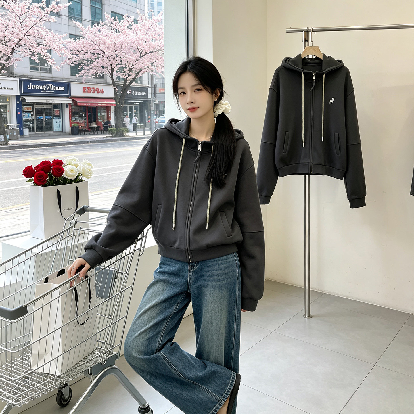 秋冬连帽拉链宽松显瘦女卫衣