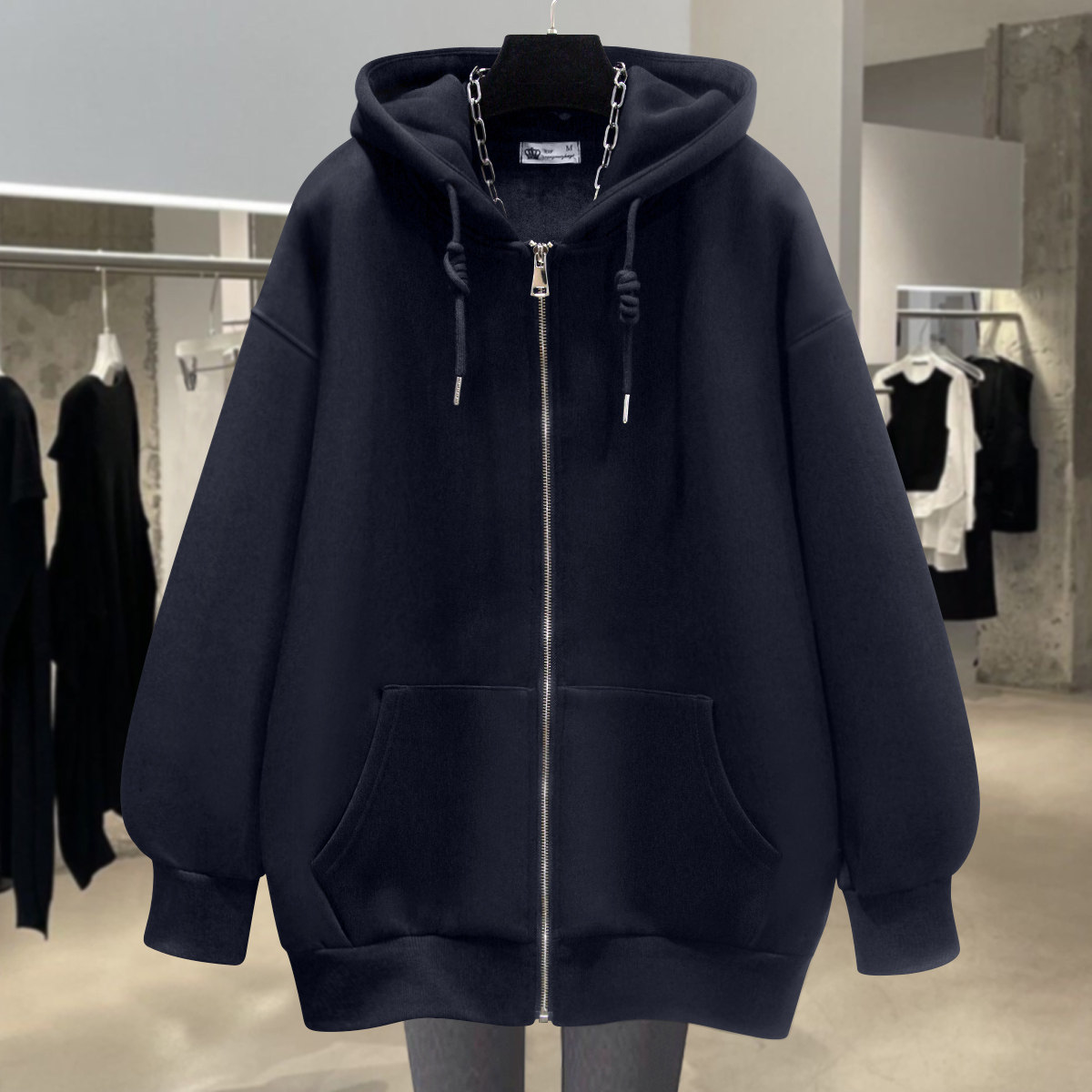 黑色连帽卫衣女加绒2025新款秋冬薄款休闲宽松拉链开衫外套中长款