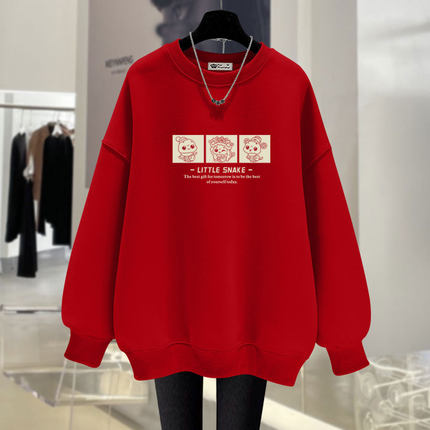 喜庆红色圆领卫衣女加绒2025新款春秋冬薄款卡通本命年宽松中长款