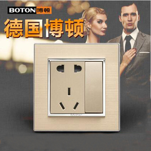 德国博顿开关插座香槟金拉丝金属面板开关插座钢塑中板一开五孔