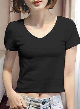 白色短款t恤女短袖紧身漏肚脐修身高腰洋气体恤韩版百搭露脐上衣