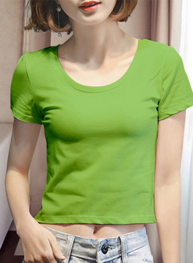 牛油果绿t恤女短款短袖夏季修身显瘦韩版百搭打底衫露脐紧身上衣