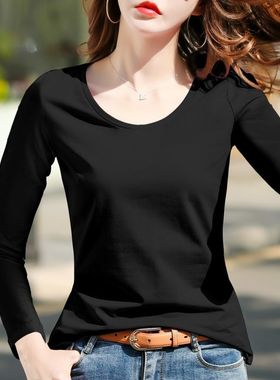 黑色圆领打底衫女新款2025秋季内搭纯棉修身长袖t恤韩版百搭上衣
