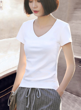 洋气白色t恤女短袖v领修身女装2025新款ins潮夏装紧身体恤上衣服