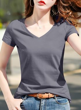 烟灰色t恤女短袖夏季2025新款洋气修身百搭体恤韩版显瘦v领上衣潮