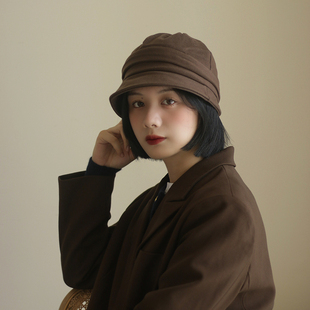 艺术家 日系复古褶皱渔夫帽子女素颜早八慵懒大檐盆帽秋冬包头帽