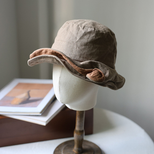 锦上添花」复古小众双层帽檐亚麻渔夫帽女秋季显脸小花朵盆帽文艺