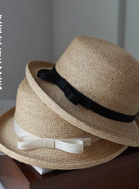 春风沉醉的夜晚拉菲草手工编织草帽天丝麻蝴蝶结平顶翘边遮阳礼帽