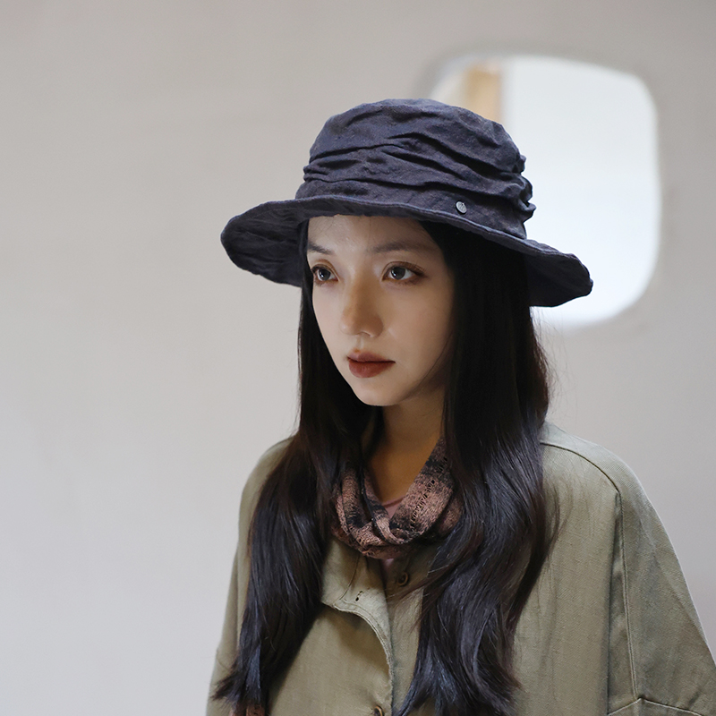 肌理」小众亚麻山本风褶皱平檐渔夫帽子女秋季新品显脸小盆帽复古