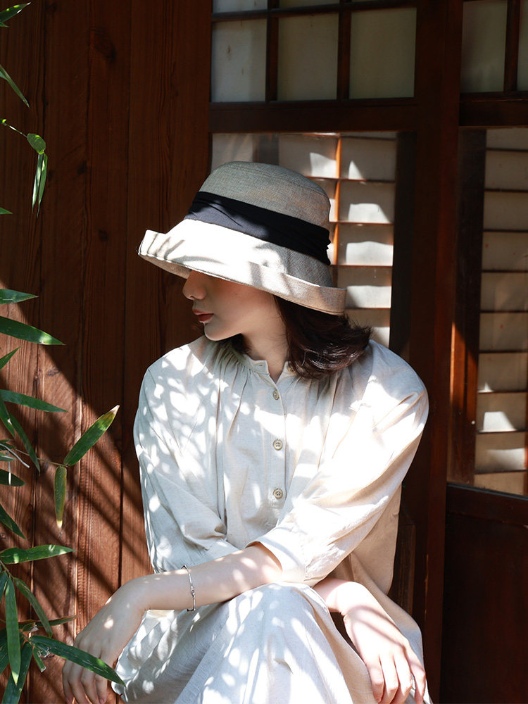 日系棉麻大檐渔夫帽子女夏挡脸遮阳盆帽素雅防晒帽户外卷边布帽