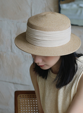 原生纸草编防晒帽草帽夏季轻法式平顶平檐户外出游遮阳小礼帽女士