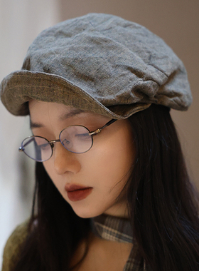 苔色」日系亚麻褶皱拼接软檐贝雷帽女秋季报童帽时尚云朵八角帽男