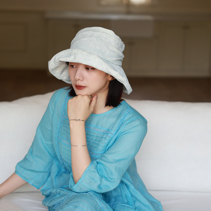 万里春20%亚麻渔夫帽女夏大沿防晒遮阳帽显脸小可折叠盆帽防风绳