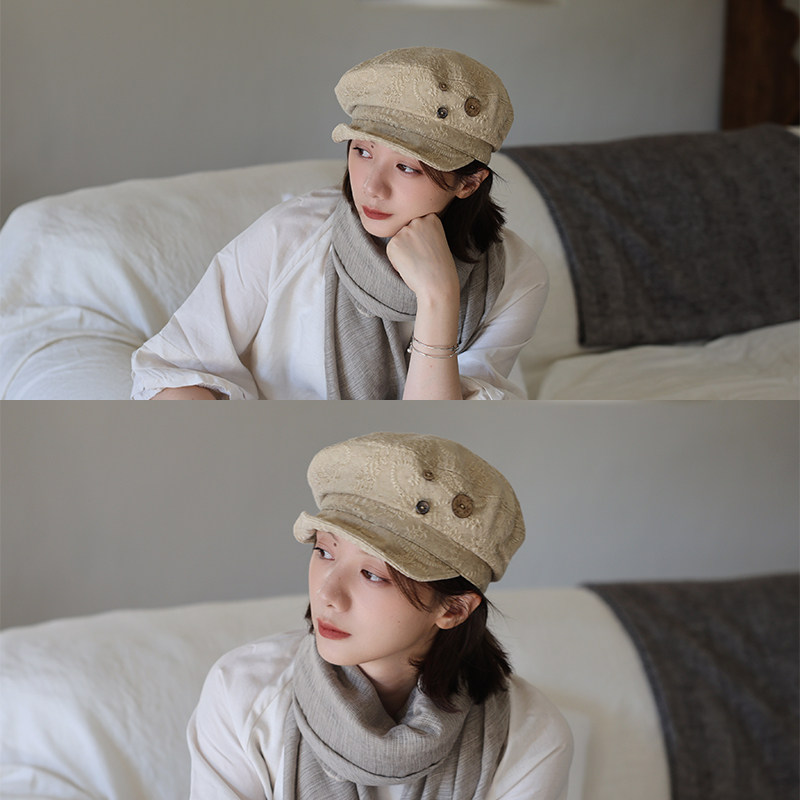 山海」小众刺绣纽扣贝雷帽女秋冬重工八角帽英伦风画家帽报童帽