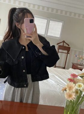 2026春秋新款百搭三色 复古水洗少女水手大领宽松短款夹克外套