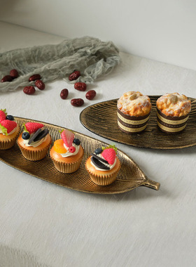 法式木质零食点心盘客厅家居餐桌糖果收纳盘创意金色托盘装饰