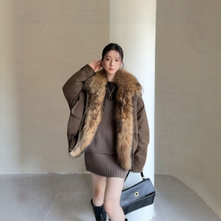 LYDF韩版 89705 宽松休闲加厚保暖可卸貉子毛羽绒服女鹅绒短派克服