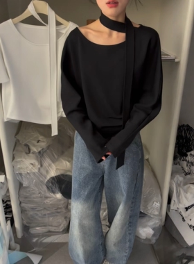 韩版时尚气质飘带长袖T恤春女高腰显瘦小众设计外穿上衣DX26W609