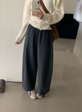 TOP约澜83107时尚宽松休闲百搭显瘦松紧腰羊毛呢阔腿裤女秋九分裤