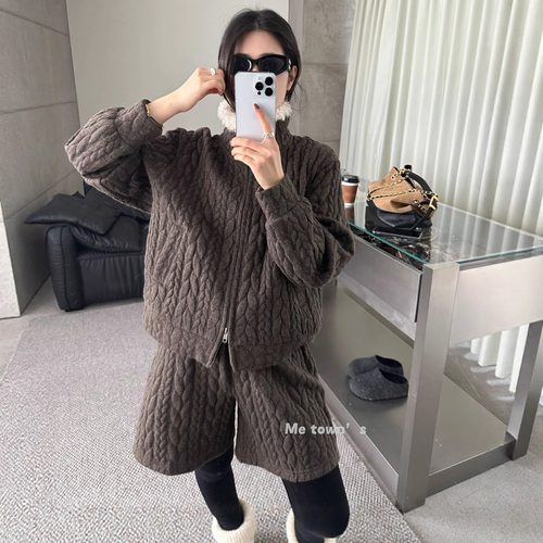 韩版加绒毛呢拉链外套短裤套装