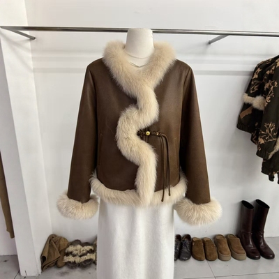 韩版宽松狐狸毛领皮衣鹅绒短外套