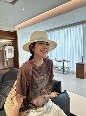Me town's韩系圆领宽松休闲艺术印花T恤女夏软fufu凉感上衣 Q8812