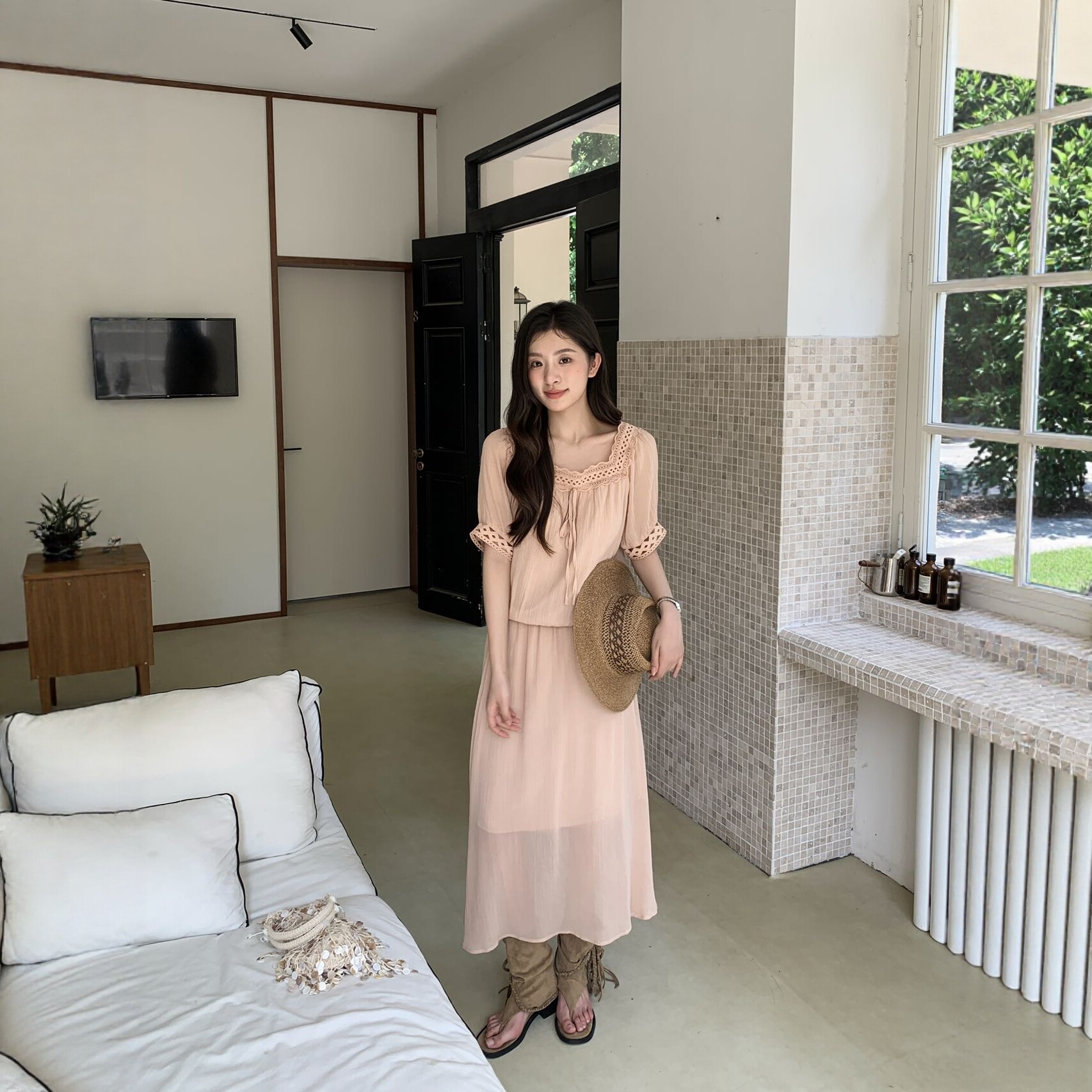 尚贝啦2715法式高级感方领系带收腰韩系甜美连衣裙女夏气质茶歇裙