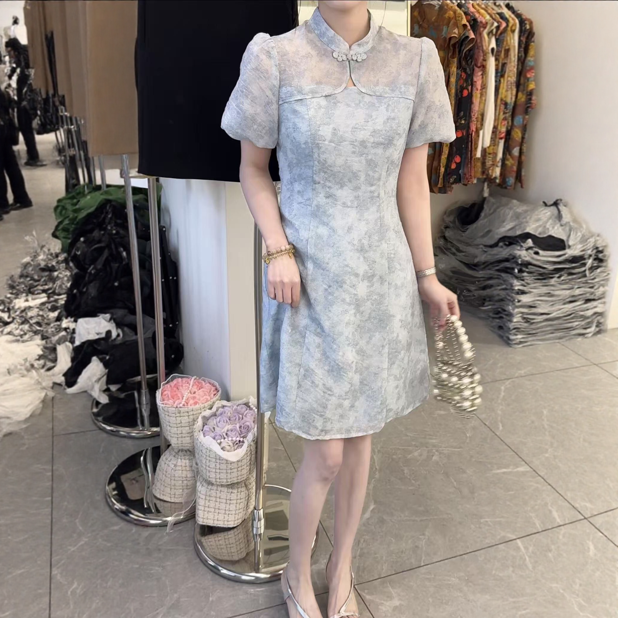 我的女孩256100新中式国风盘扣短袖连衣裙女夏复古印花立领旗袍裙