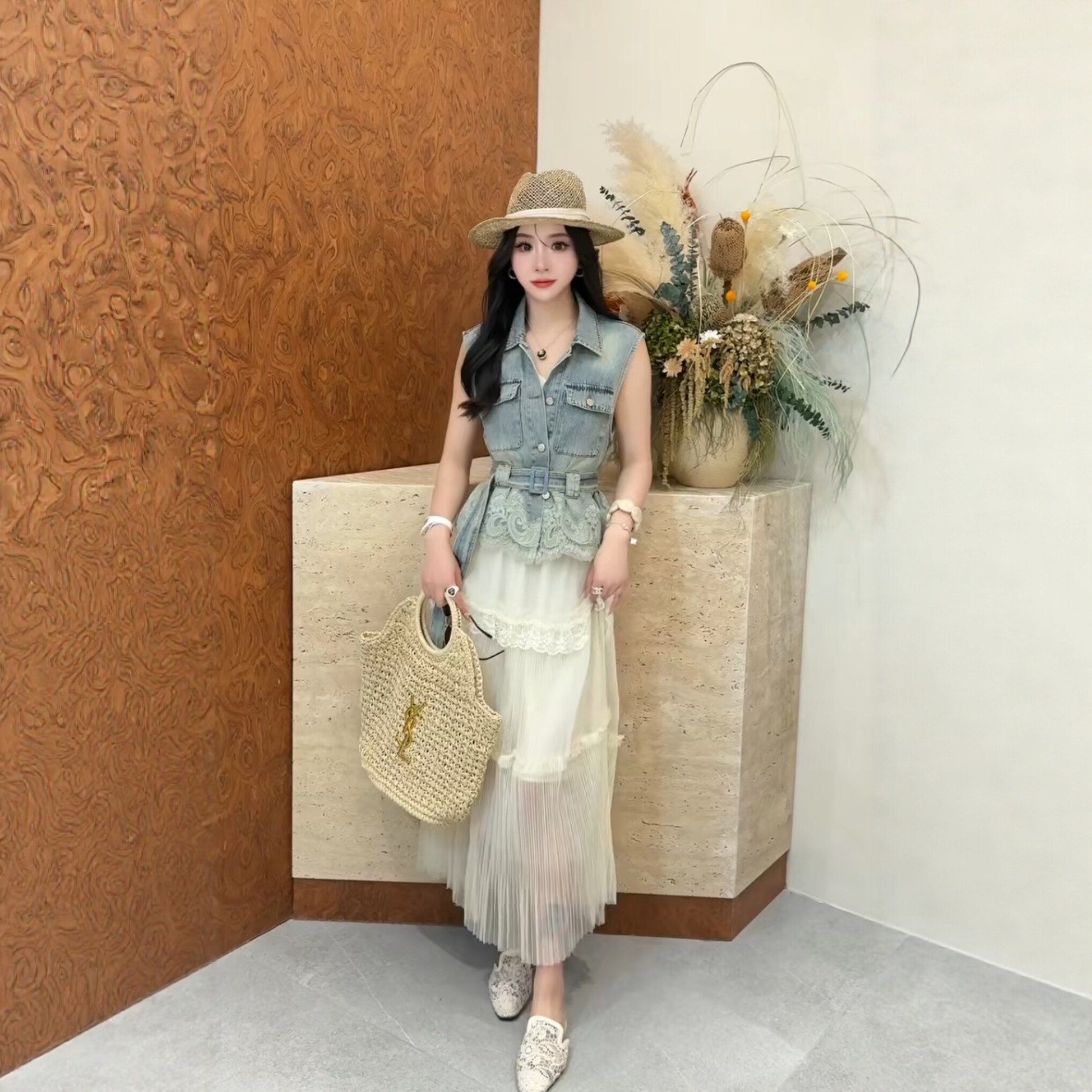 LYDF 26361韩版简约百搭显瘦气质套装女夏牛仔马甲高腰长款半身裙