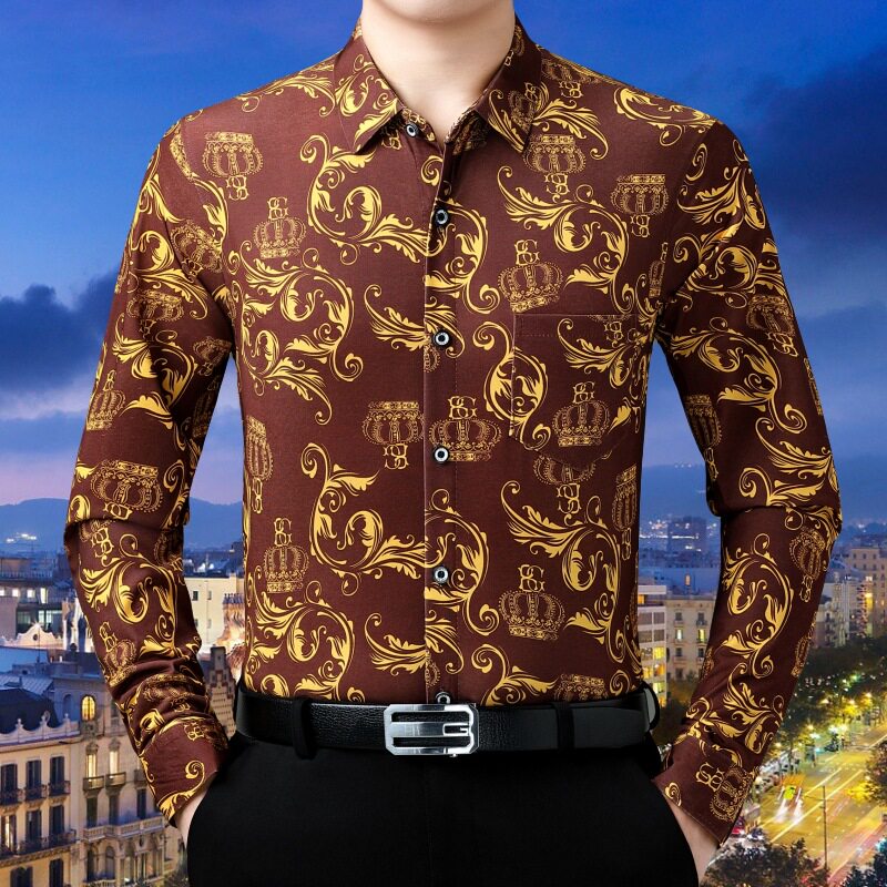 新款加绒加厚衬衫男士保暖内衣冬季时尚印花潮流中年衬衣厚款开衫