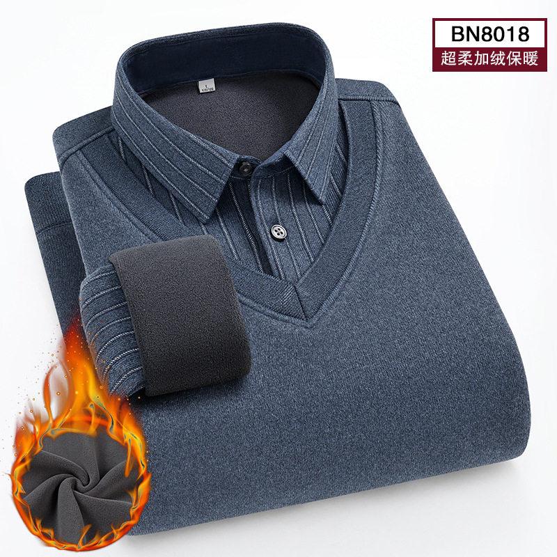 冬季新款男士内衣假两件针织商务衬衫中老年爸爸加绒加厚保暖衬衣