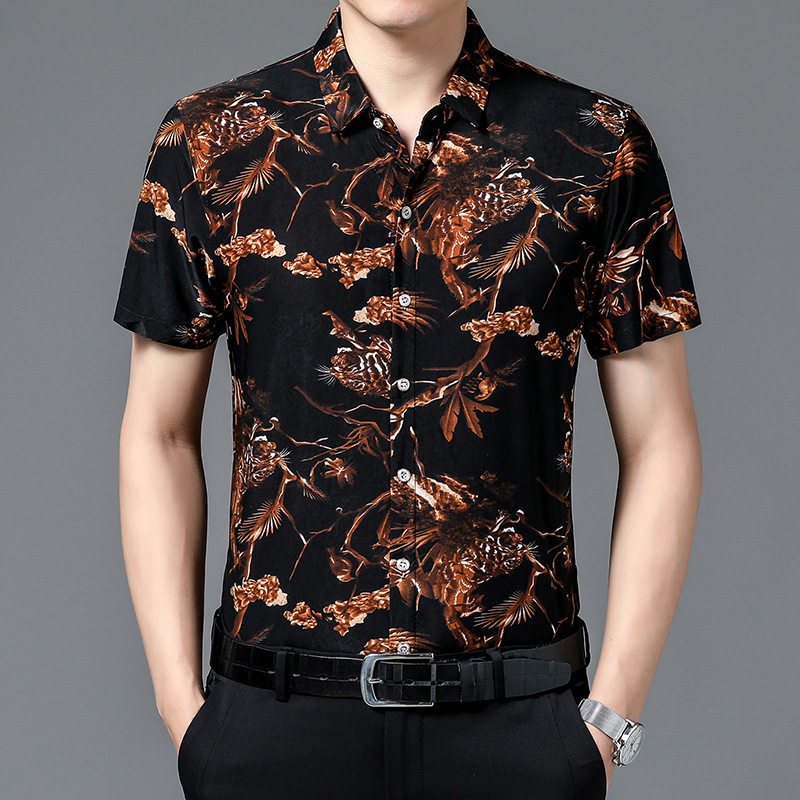 夏季新款冰丝花衬衫男短袖中年男士高级感休闲免烫抗皱半袖衬衣男