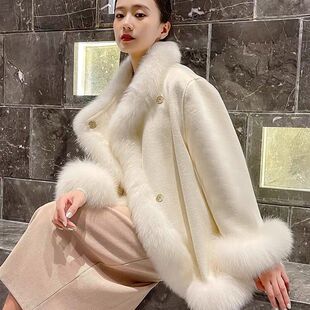 2025冬装中国名媛风仿狐狸毛皮草中长款外套女羊毛呢斗篷加厚大衣