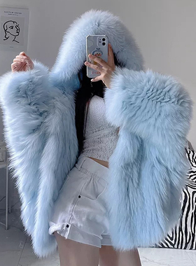 高端海宁皮草外套2025冬季新款狐狸毛网红连帽加厚保暖欧美外套女