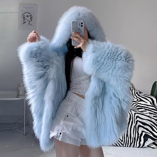 高端海宁皮草外套2025冬季新款狐狸毛网红连帽加厚保暖欧美外套女