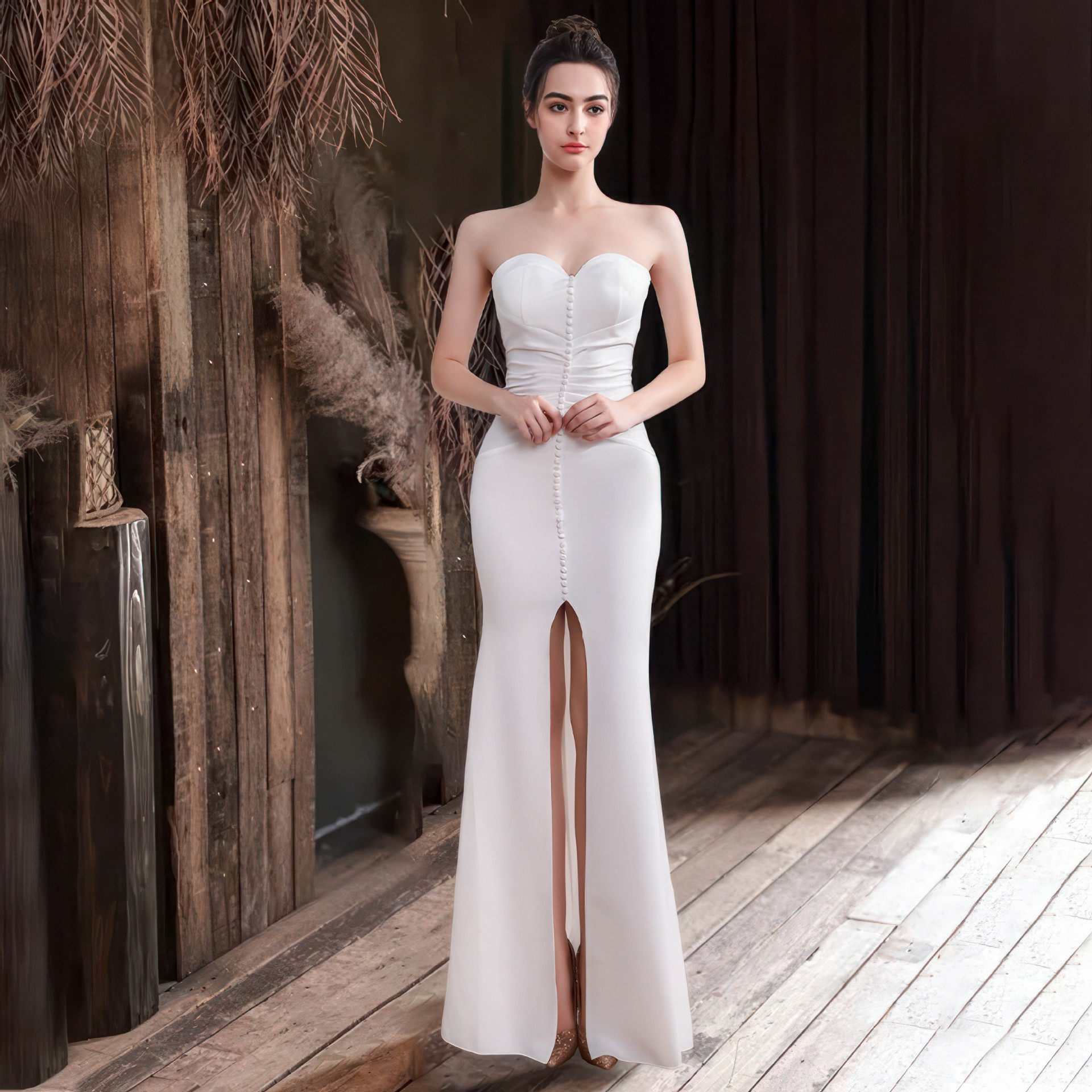 抹胸年会会展感一字裙主持人晚礼服连衣裙小姐性感公司礼仪女性肩