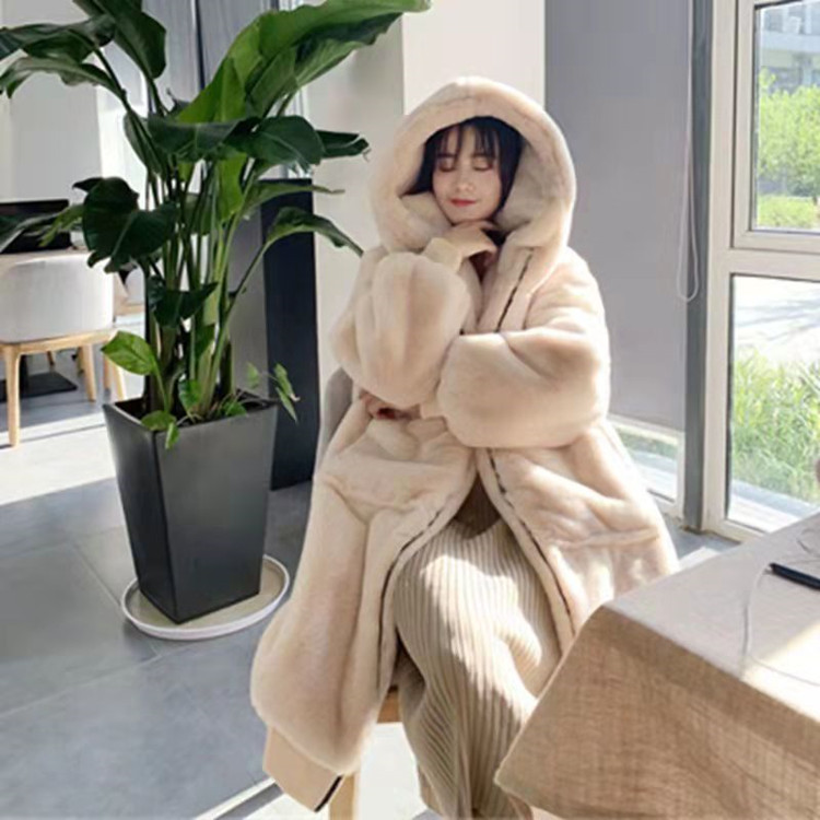 外贸宽松毛绒外套女装仿皮草大衣加厚连帽中长款加棉秋冬款大码黑