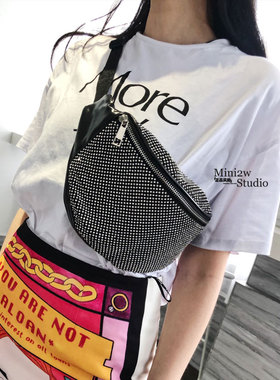 2025款网红ins火爆镶水钻胸包腰包柔软黑色bling凹造型时尚女潮包