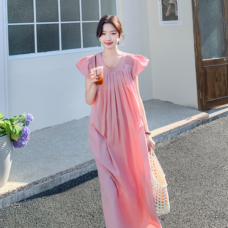 法式温柔风粉色飞飞袖甜美连衣裙女夏季2025新款宽松显瘦初恋裙,女装连衣裙,2C110
