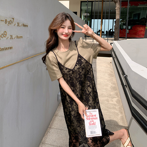 法式甜美T恤连衣裙套装女2025夏季新款宽松显瘦蕾丝罩衫裙两件套图片