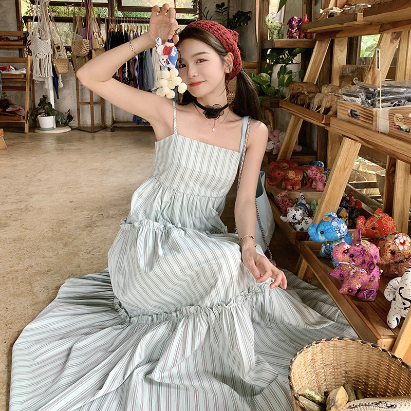 主推【大货】蓝色条纹吊带长裙H1112-P110-K168图片
