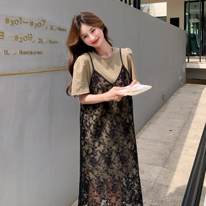 法式甜美T恤连衣裙套装女2025夏季新款宽松显瘦蕾丝罩衫裙两件套图片